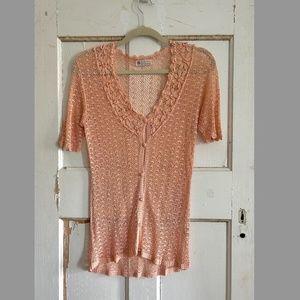 Vintage Pink Silk 70s PEONY Doen Boho Hand Crochet Top